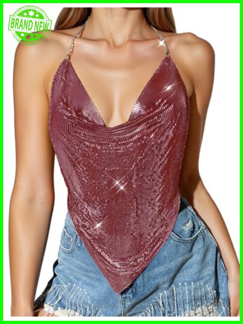 Shiny Metal Rhinestone Halter Crop Top Backless Party Clubwear